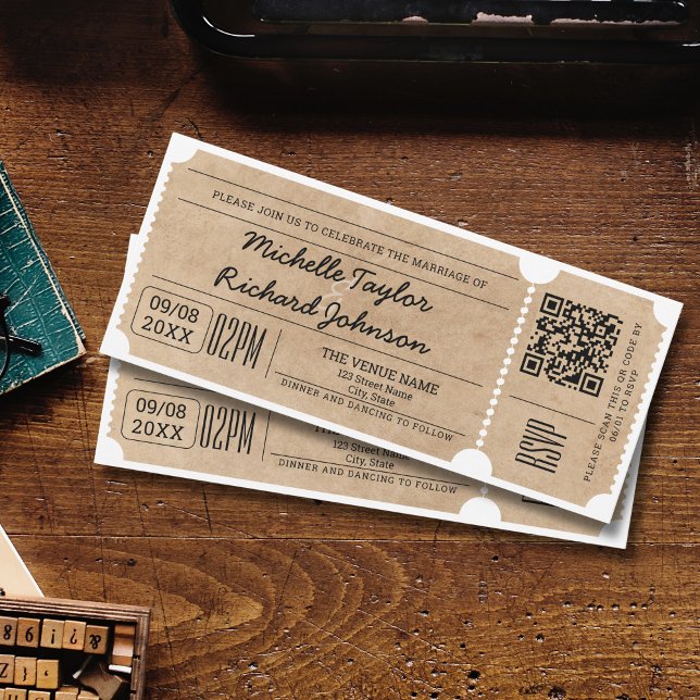 Invitation Billet de film Vintage rustique avec code QR RSVP (Créateur téléchargé)
