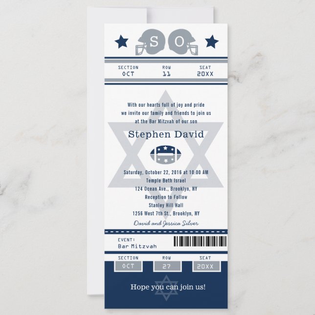 Invitation Billet de football Blue Silver Bar Mitzvah Invitat (Devant)