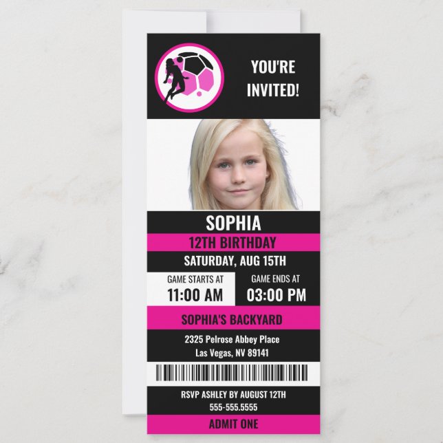Invitation Billet de football noir rose Anniversaire Photo (Devant)