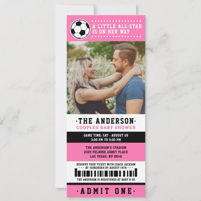 Invitation Billet de football noir rose Couples Baby shower P (Devant)