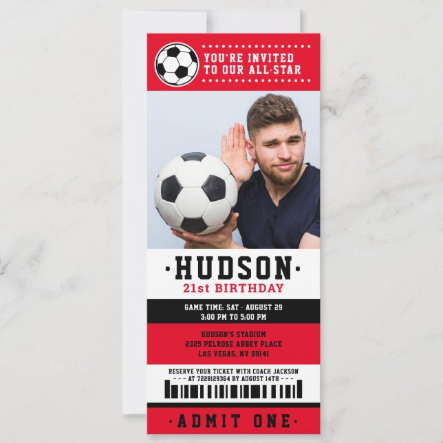 Invitation Billet de Football Noir Rouge Photo Anniversaire (Devant)
