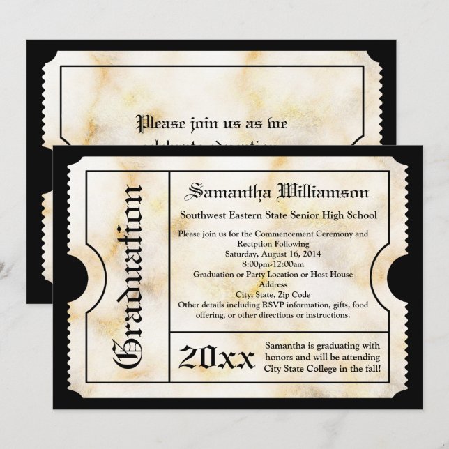 Invitation Billet de graduation moderne en marbre d'or (Devant / Derrière)