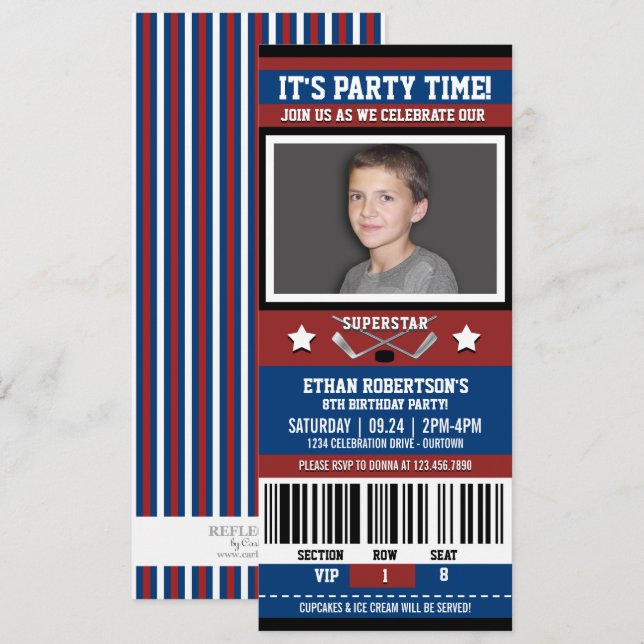 Invitation Billet de hockey bleu/rouge fête d'anniversaire (Devant / Derrière)