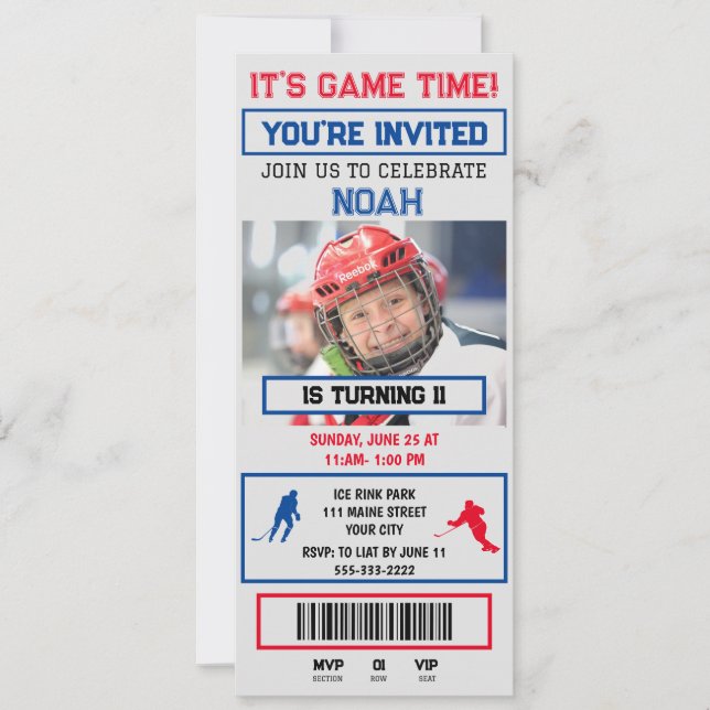 Invitation Billet de hockey gris&bleu Anniversaire Fête Invit (Devant)
