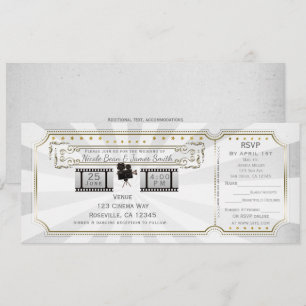 Invitation Billet de mariage Cinéma Vintage Or Blanc & RSVP