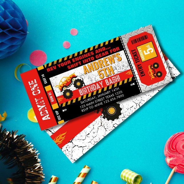 Invitation Billet de Monster Truck pour Anniversaire (bold red and yellow colors and a grunge-style background, this editable birthday invite is perfect f)