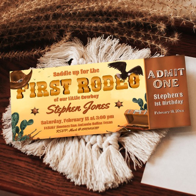 Invitation Billet de premier rodéo  (First Rodeo -  Boy 1st Birthday Cowboy Ticket Invitation)