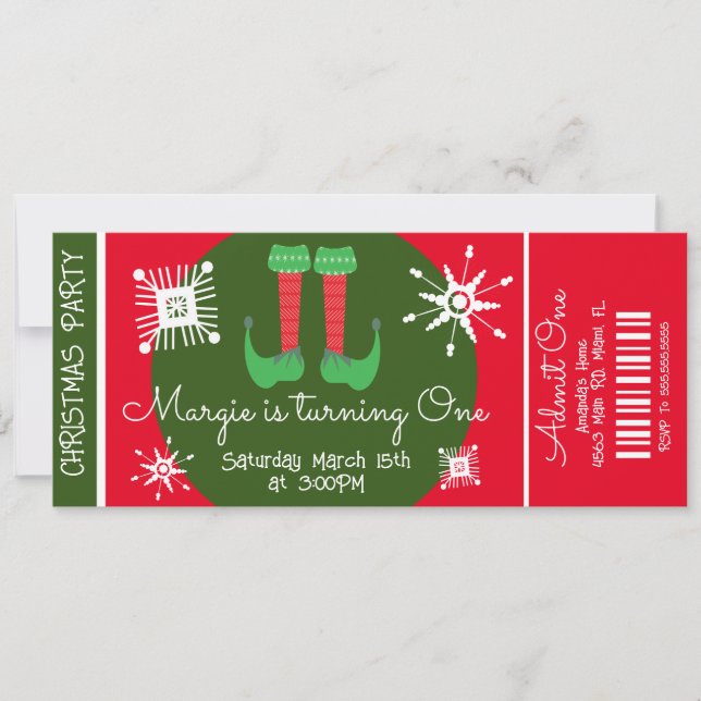 Invitation Billet de première fête d'anniversaire de Noël Elf (Devant)