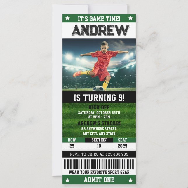 Invitation Billet de soccer personnel Anniversaire avec photo (Devant)