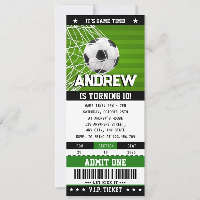 Invitation Billet de soccer personnel sport d'anniversaire (Devant)