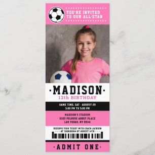 Invitation Billet de soccer rose noir Photo de fête d'anniver