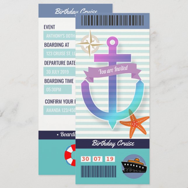 Invitation Billet d'embarquement pour la croisière d'annivers (Devant / Derrière)
