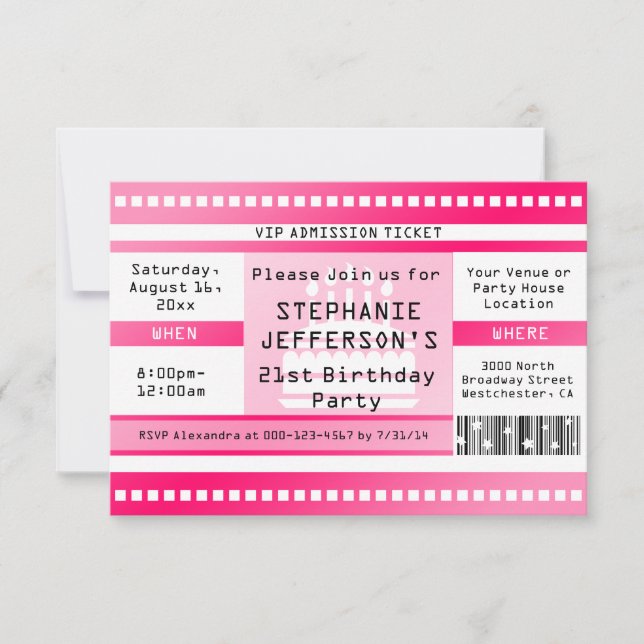Invitation Billet d'entrée à la fête d'anniversaire rose (Devant)