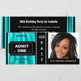 Invitation Billet d'entrée Anniversaire Photo Turquoise Noir