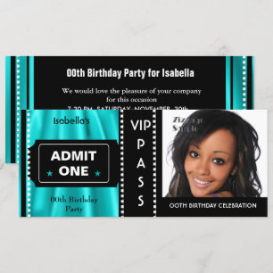 Invitation Billet d'entrée Anniversaire Photo Turquoise Noir