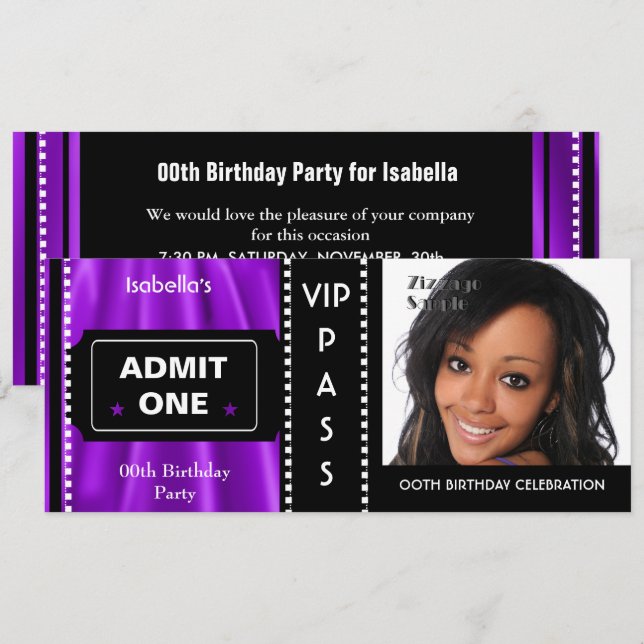 Invitation Billet d'entrée Anniversaire Photo violet noir (Devant / Derrière)