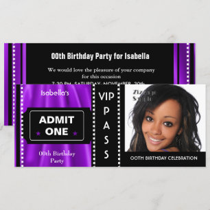 Invitation Billet d'entrée Anniversaire Photo violet noir