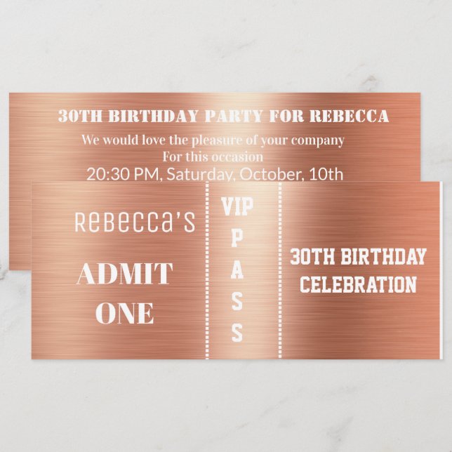 Invitation Billet d'entrée Anniversaire Rose de fête Gold Foi (Devant / Derrière)