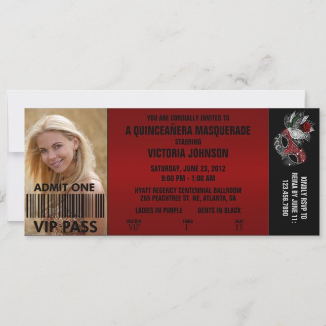 Invitation Billet d'entrée VIP Masquerade Quinceañera (Devant)
