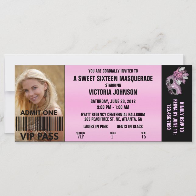 Invitation Billet d'entrée VIP Masquerade Sweet sixteen (Devant)