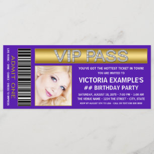 Invitation Billet d'entrée VIP Pass violet fête d'anniversair