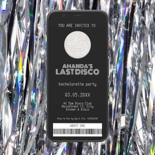 Invitation Billet dernier Disco Bachelorette Argent (last disco silver bachelorette party invitation ticket)