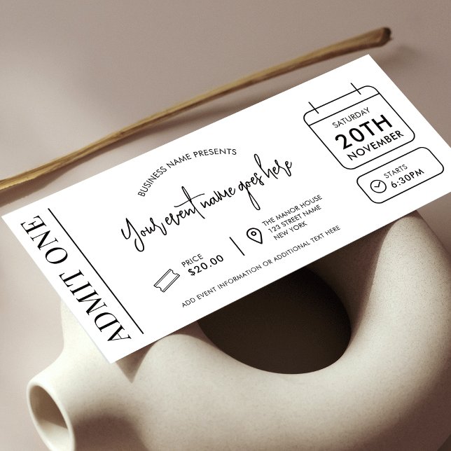 Invitation Billet d'événement Modern Business Logo Admettre u (Modern event ticket in minimal black and white design with icons and fully editable text & colors)