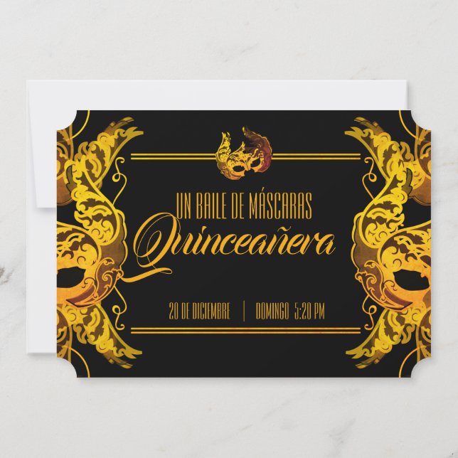 Invitation Billet d'or ESPAGNOL quinceañera MASQUERADE (Dos)