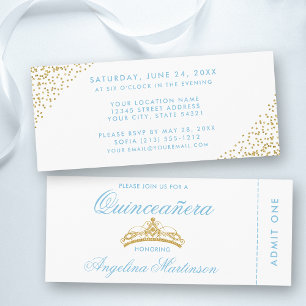Invitation Billet élégant Quinceanera bleu et or