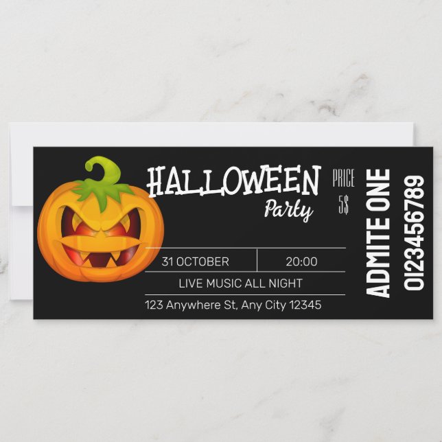 Invitation Billet Halloween Blanc Noir (Devant)