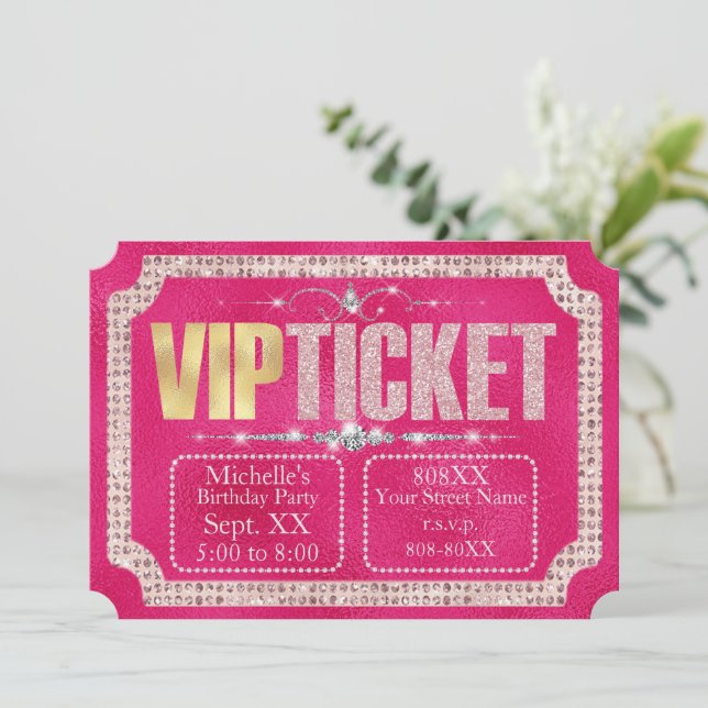 Invitation Billet Hot Rose & Gold Diamonds et Parties scintil (Debout devant)