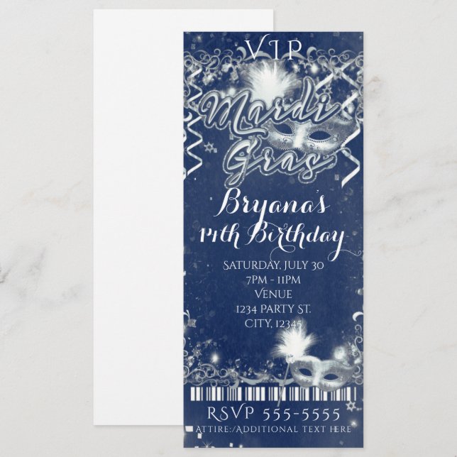 Invitation Billet Mardi Gras Blue & White VIP Anniversaire (Devant / Derrière)