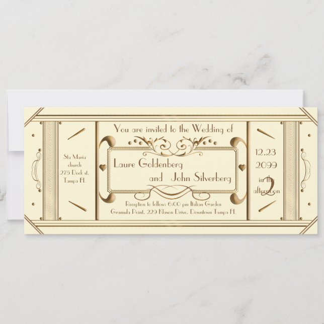 Invitation billet mariage art déco, ivoire, ivoire arrière (Devant)