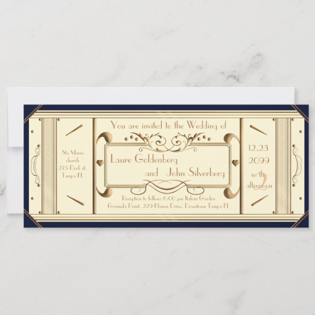 Invitation billet mariage art déco, ivoire, retour Marine (Devant)