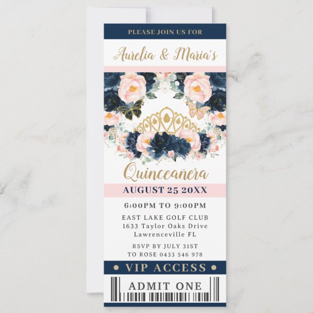 Invitation Billet Navy Blue Blush Rose Floral Quinceañera VIP (Devant)