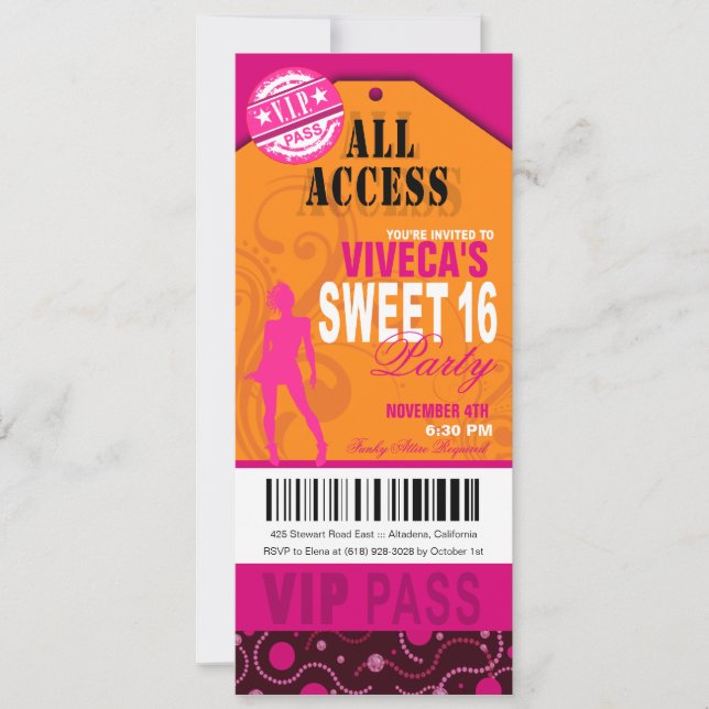 Invitation Billet orange, rose et Fuschia VIP Sweet 16 (Devant)