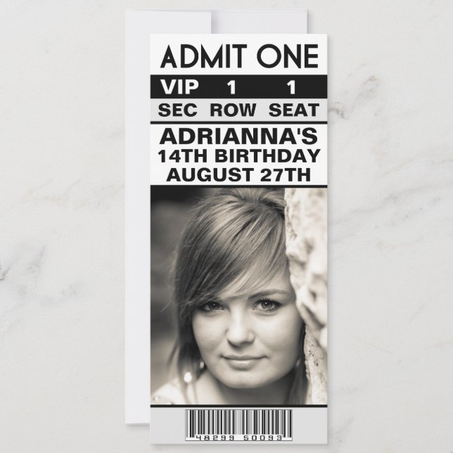 Invitation Billet photo VIP blanc glace Anniversaire (Devant)