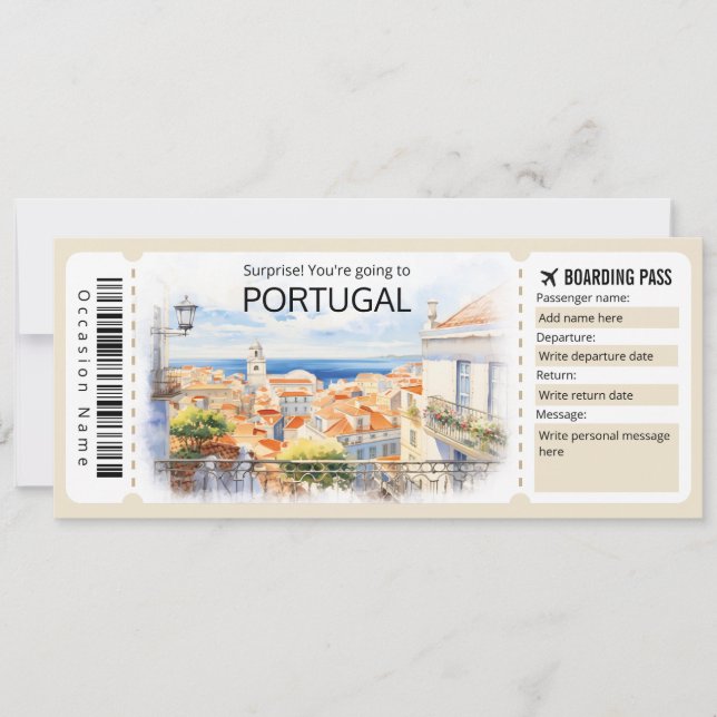 Invitation Billet Portugal Avion modifiable, Voyage Portugal (Devant)