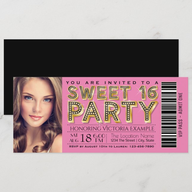 Invitation Billet rose et noir Hollywood Glam Sweet 16 (Devant / Derrière)
