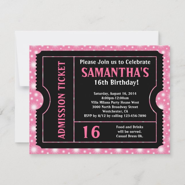 Invitation Billet rose et noir, Sweet 16 ou n'importe quel âg (Devant)
