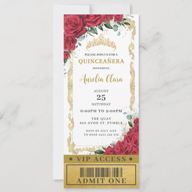 Invitation Billet Rose Floral Rouge Quinceañera Sweet 16 VIP (Devant)