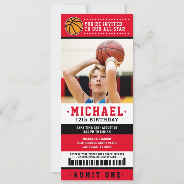 Invitation Billet rouge noir de basket-ball Anniversaire Phot (Devant)