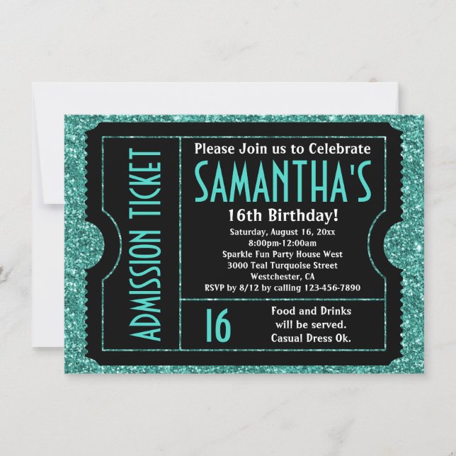 Invitation Billet Sweet 16 Turquoise Blue Sparkle (Devant)