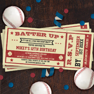 Invitation Billet vintage Baseball Thème Anniversaire Invitat