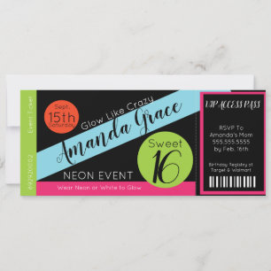 Invitation Billet VIP Anniversaire Sweet Sixteen Lueur Néon