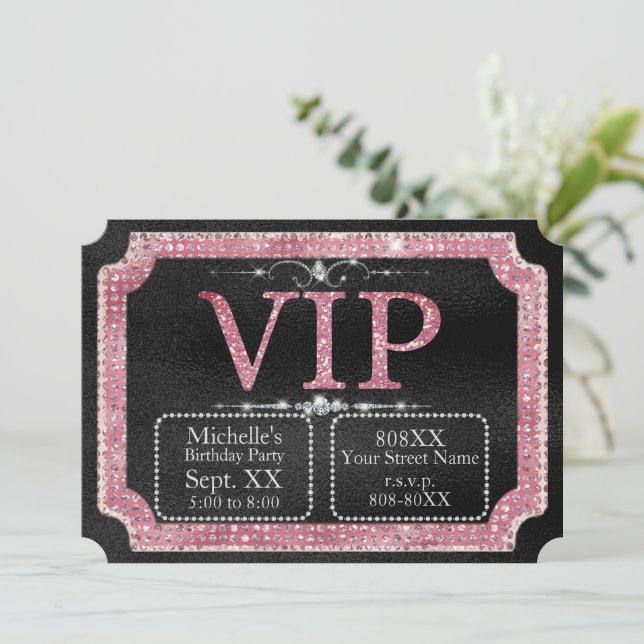 Invitation Billet VIP Diamants noirs et roses (Debout devant)