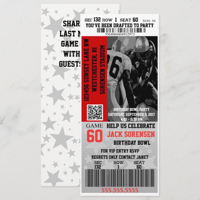 Invitation Billet VIP Football Anniversaire Célébration Sport (Devant / Derrière)