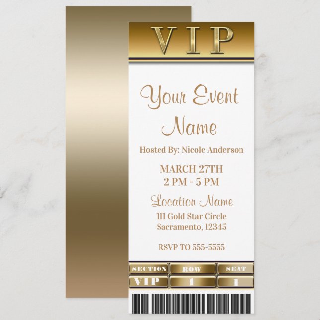 Invitation Billet VIP Gold & White Elegant Dîner Party (Devant / Derrière)