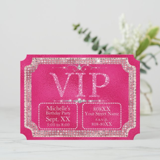 Invitation Billet VIP Hot Rose Parties scintillant & Diamonds (Debout devant)