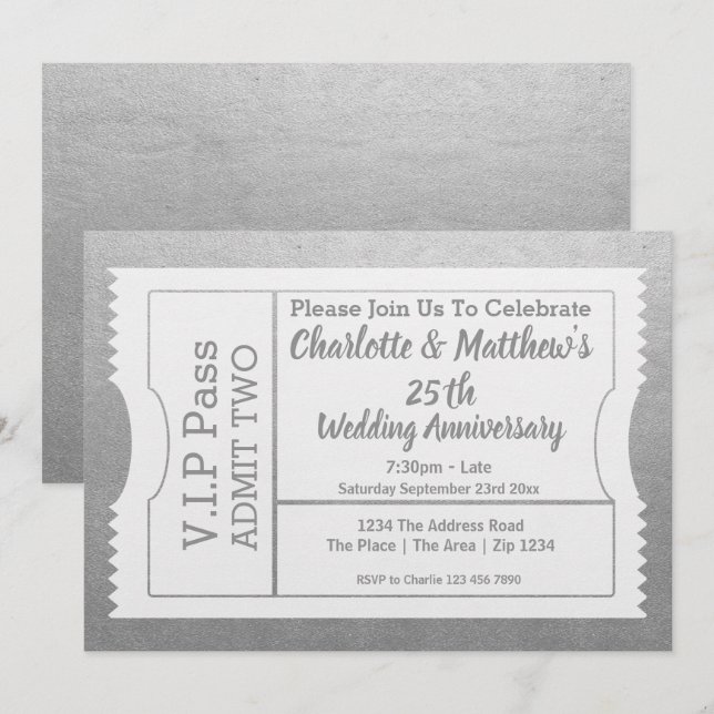 Invitation Billet VIP Pass 25e Anniversaire Faux Argent (Devant / Derrière)
